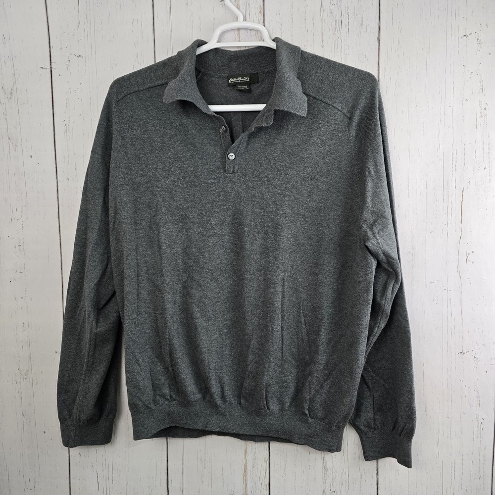 Eddie Bauer Polo Sweater Mens XL Gray Supima Cotton Blend Long Sleeve Knit